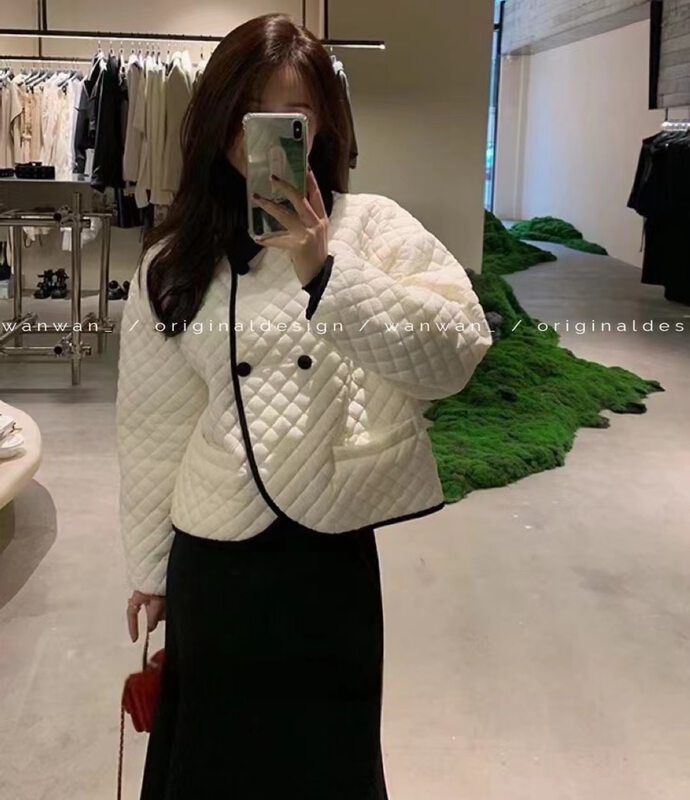 【WANWAN】Contrast color single-breasted casual Western-style warm down jacket (white duck down 90%) 2607# HBX