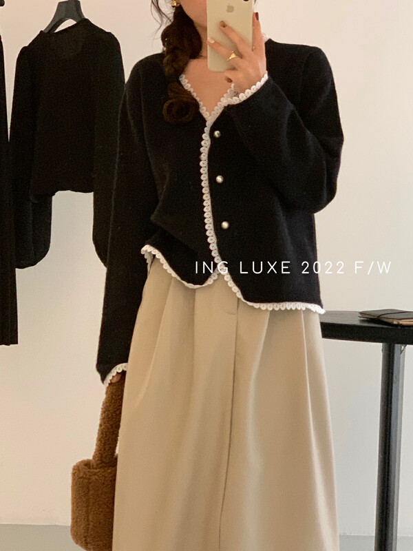 【ING】Small Fragrance Lace Edge Japanese Temperament Warm Sweater w3780# FHX