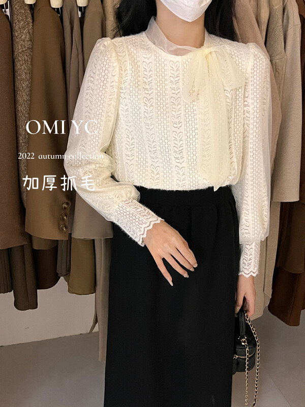 【O MI】Tie collar thick lace bottoming shirt 88737# FHX