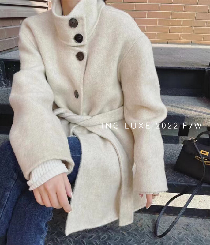 [ING] Temperament and high-end Hepburn style stand-up collar tie woolen coat (with belt) ING-8231