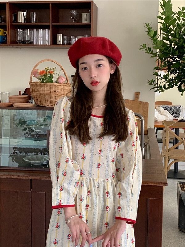 New in winter! [Timely rain] Korean style ins retro sweet design floral high waist slim loose dress 91915# WPL