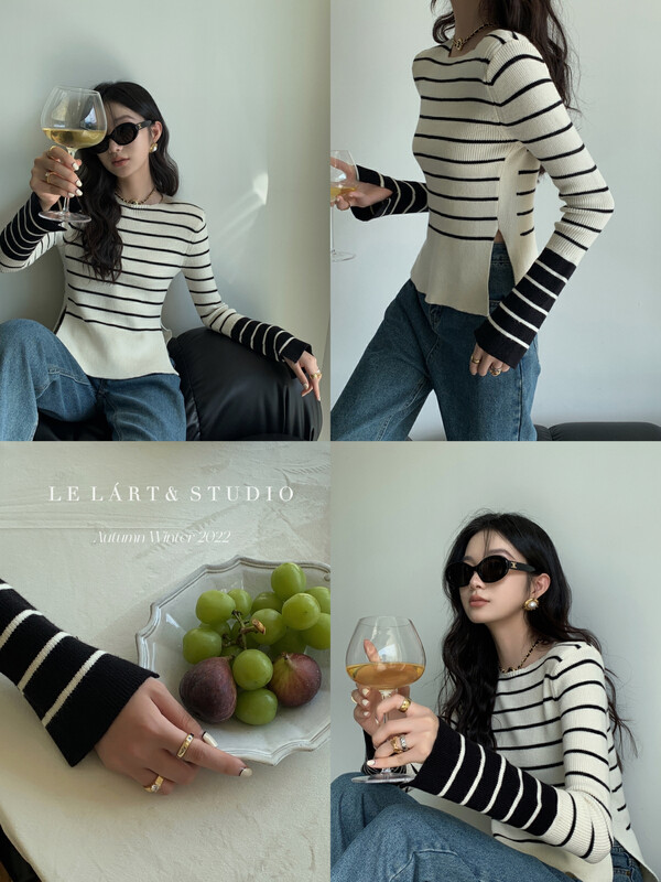 [LE LART] French Hepburn style black and white striped shoulder pad pullover sweater sweater XZ367