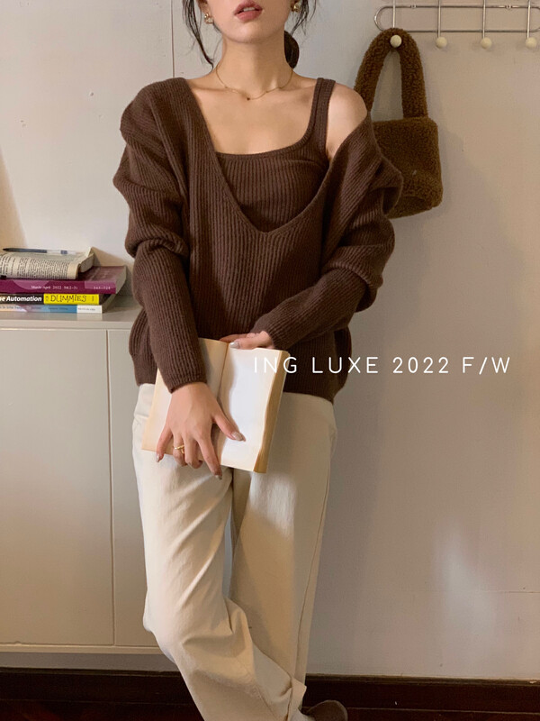 【ING】Gentle wind knitted soft waxy camisole two-piece sweater w3756