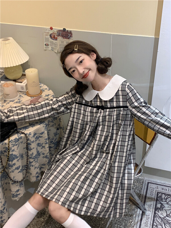[Timely rain] Korean style ins retro sweet age-reducing design doll collar plaid loose and slim dress 71028# WPL