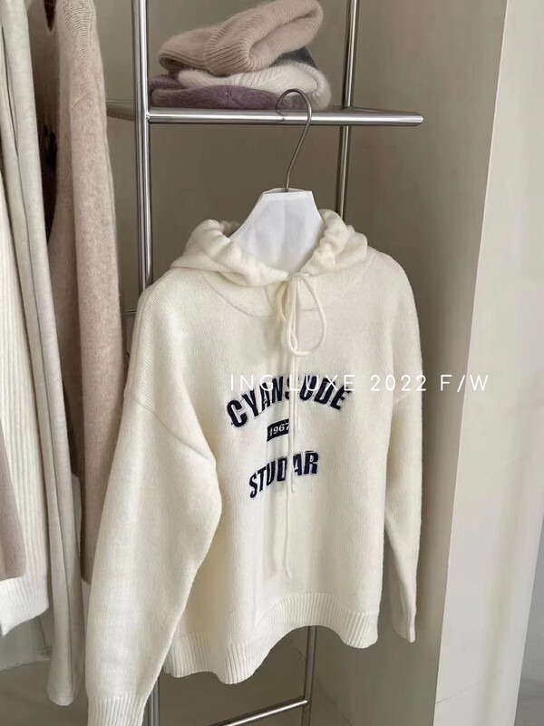 [ING] Embroidered Hooded Pullover Soft Waxy Versatile Sweater w3896