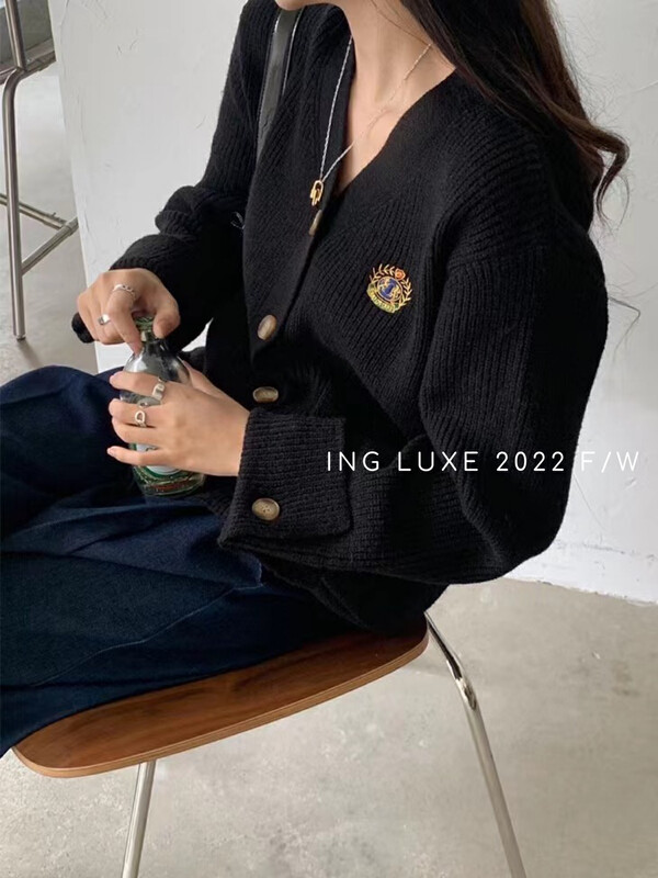 【ING】College style badge knitted cardigan sweater w3850