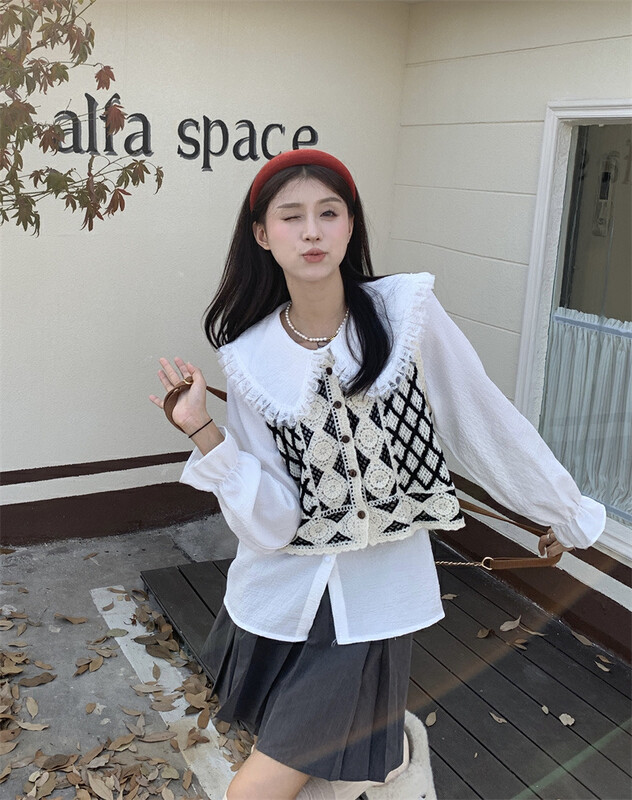 [Timely rain] Korean ins sweet big lapel shirt + plaid breasted vest two suits YS1-54759# WPL