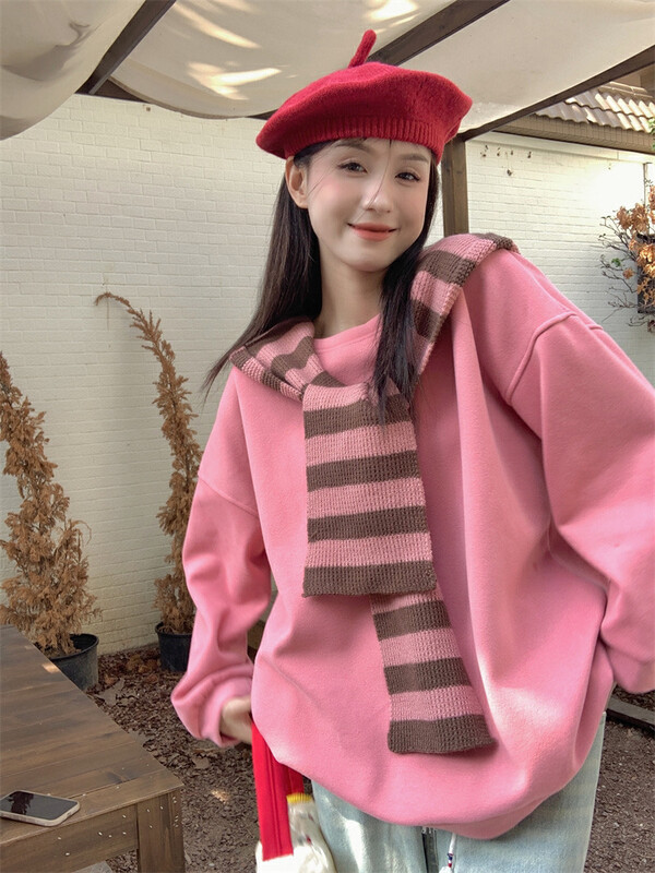 [Timely rain] Korean style ins retro sweet design pullover fleece sweater + striped shawl suit (with shawl) B1277# WPL