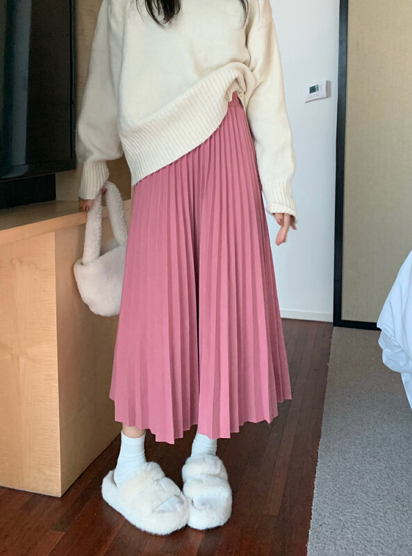 [Timely rain] Korean style ins retro sweet high waist thickened woolen elastic waist pleated skirt 100119# WPL
