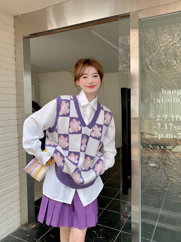 Autumn is new! [Timely rain] Korean style ins retro sweet design vest + temperament shirt suit A2198# WPL