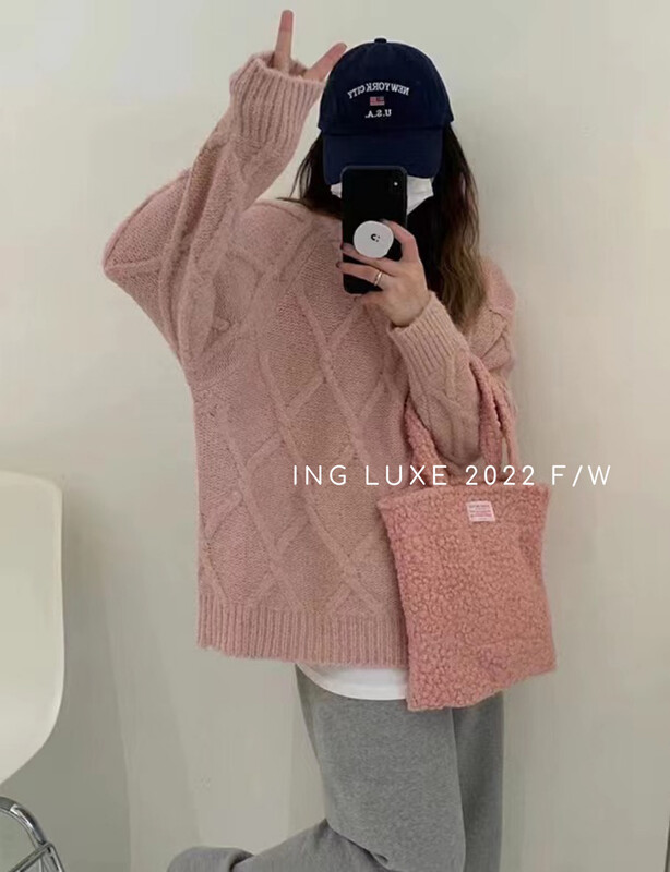 【ING】Korean age-reducing diamond loose pullover sweater w3925