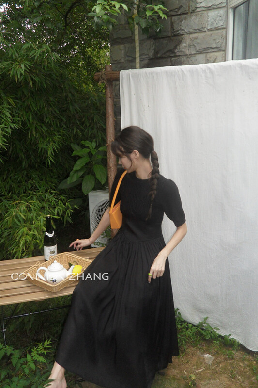 【CZ ZHANG】Design solid color sweater stitching temperament high waist long dress 82226# JHY