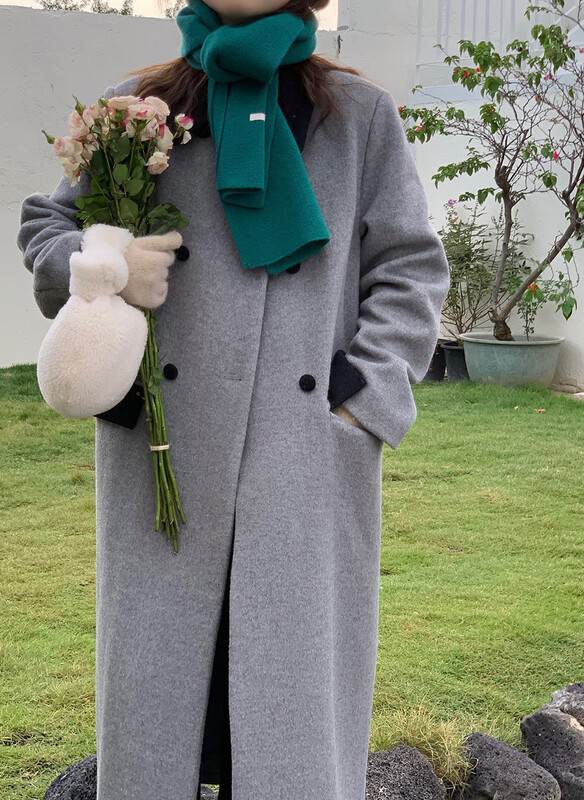 [Timely rain] Korean style ins retro temperament Polo contrast color coat (including 48.4% cashmere) S2075# WPL