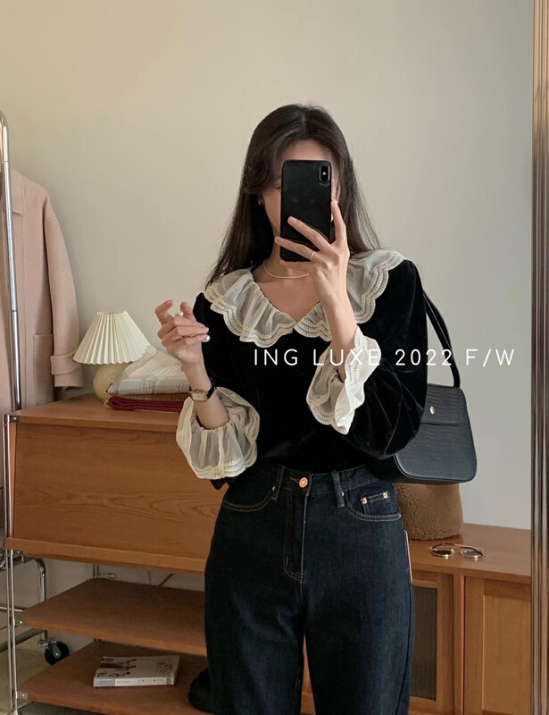 【ING】French retro sweet lace velvet shirt 9382# FHX