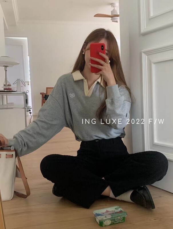 [ING] Retro loose and handsome polo collar lapel sweater 9502