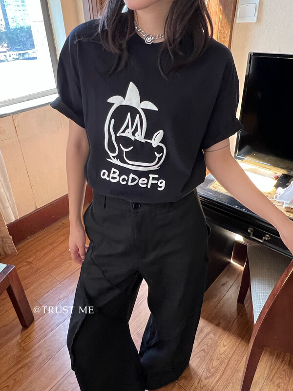 [TRUSTME] Korean version of simple and versatile cartoon dog pattern short-sleeved T-shirt 40292