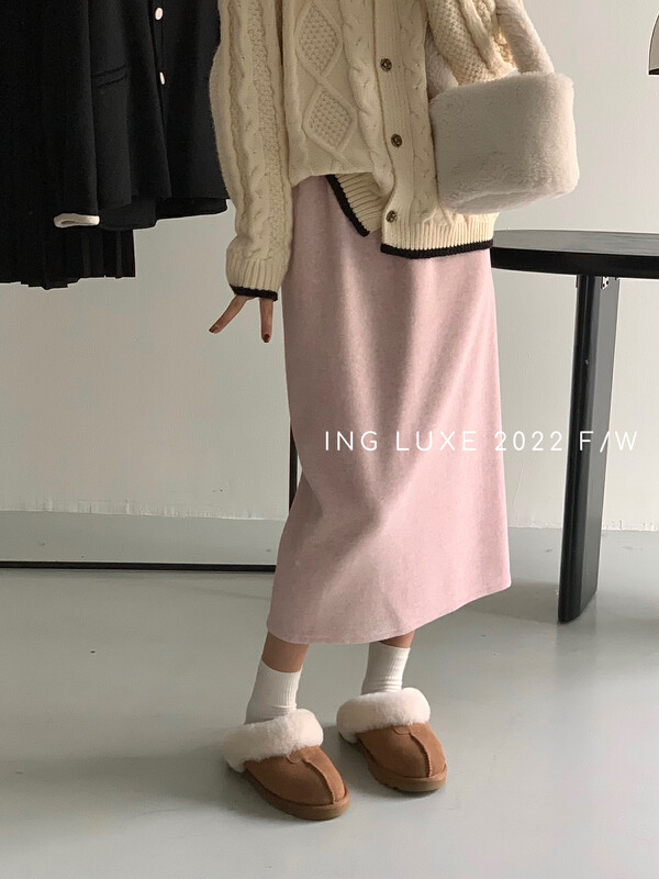 【ING】High waist straight tube slim elastic waist skirt 8246
