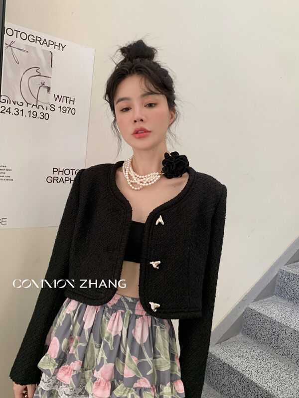 【CZ ZHANG】Small Fragrance Metal Buckle Solid Color Straight Tweed Short Jacket 82201# JHY