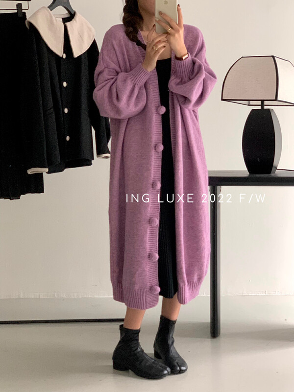 【ING】Korean style lantern sleeve solid color knitted cardigan sweater w3883