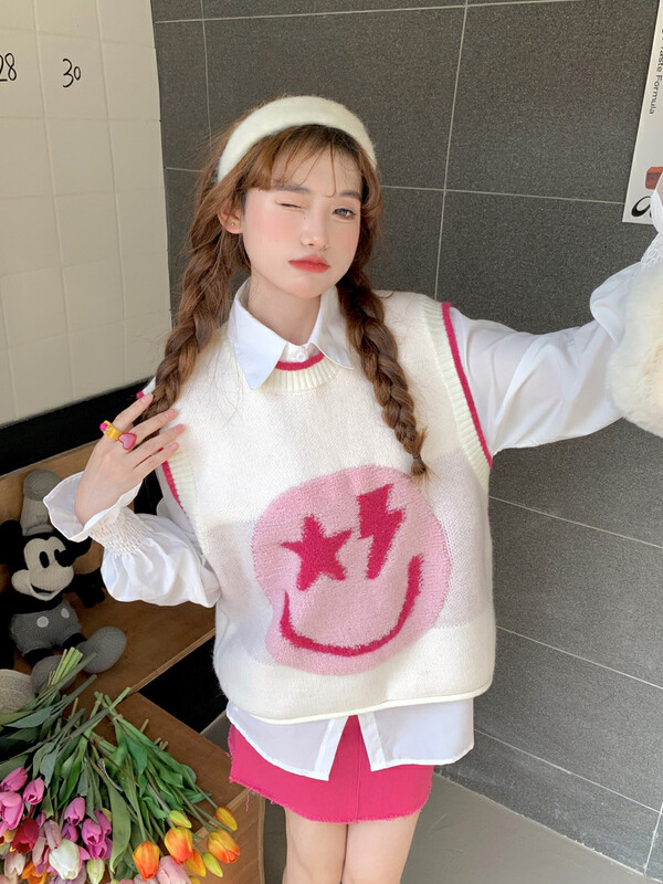 [Timely rain] Korean style ins retro sweet all-match vest + solid color loose shirt two-piece suit V2178# WPL