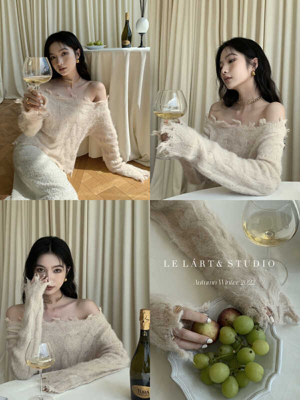 【LE LART】French design with pure desire to show the collarbone one-word collar raw edge mohair sweater XL268