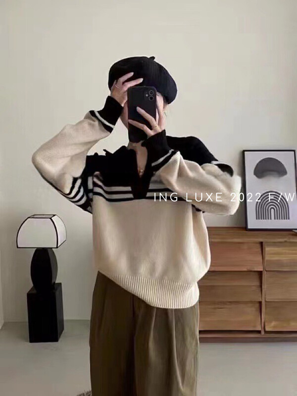 【ING】Korean polo collar striped soft waxy knitted sweater w3863