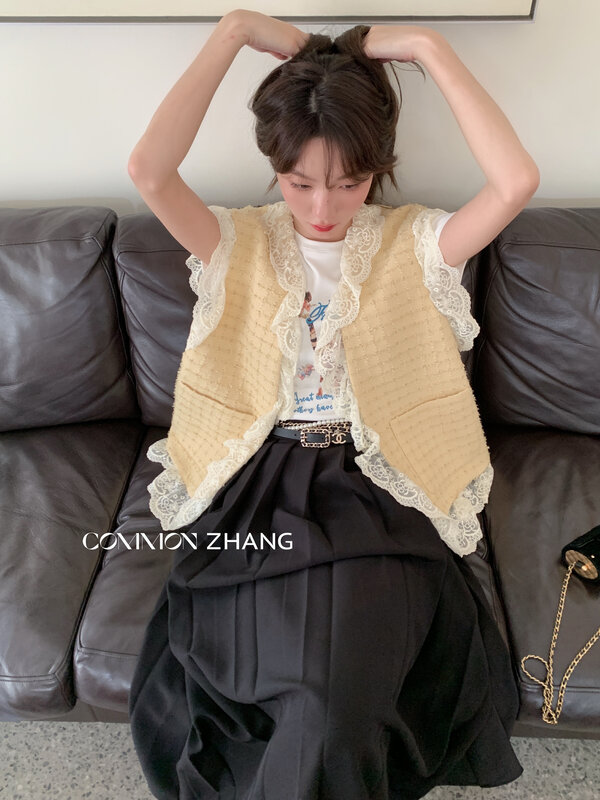 【CZ ZHANG】Korean sweet lace stitching vest 82116