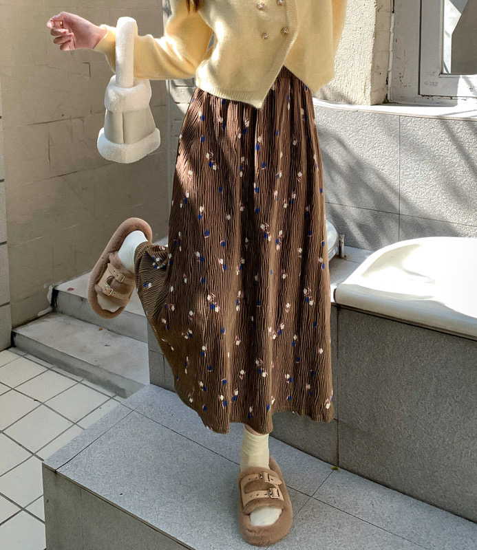 New in winter! [Timely rain] Korean style ins retro flower design pleated skirt 43119# WPL