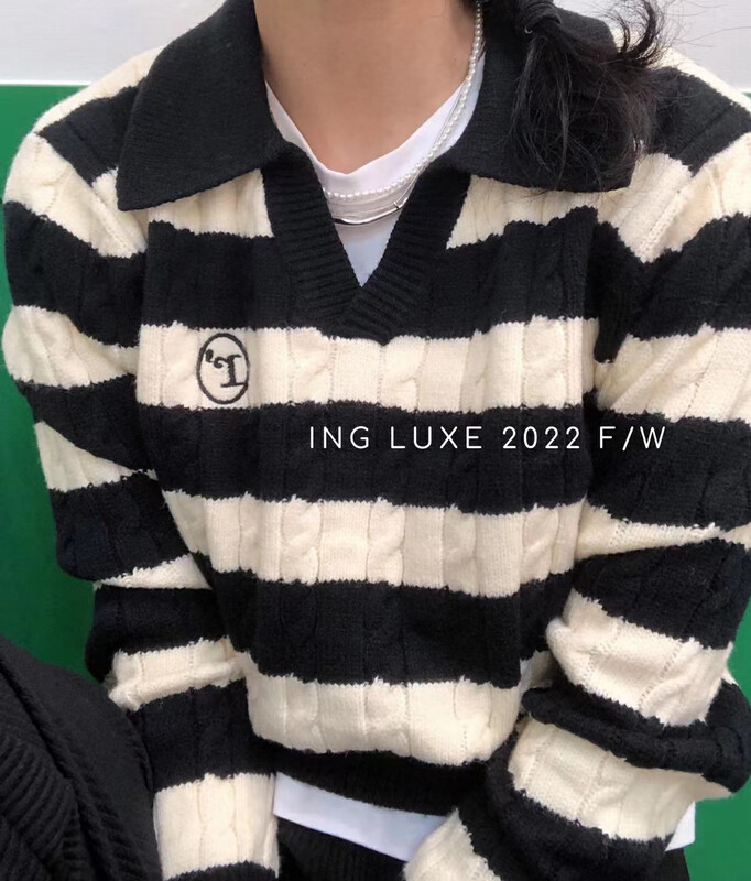 【ING】Vintage lapel striped sweater w3893