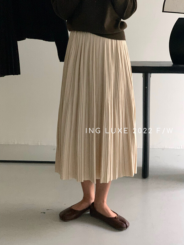 【ING】Elastic High Waist Pleated Wool Skirt 8213