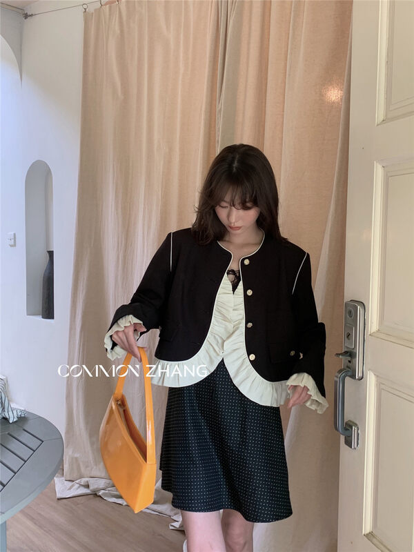 【CZ ZHANG】Small Fragrance Contrast Color Lace Texture Short Jacket 82113