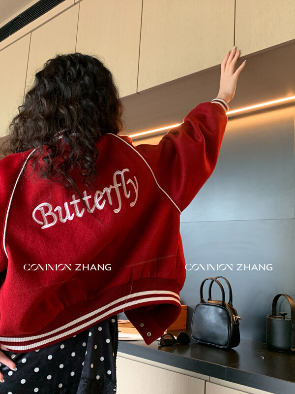 [CZ ZHANG] Casual letter embroidered loose single-breasted baseball uniform short jacket 82413