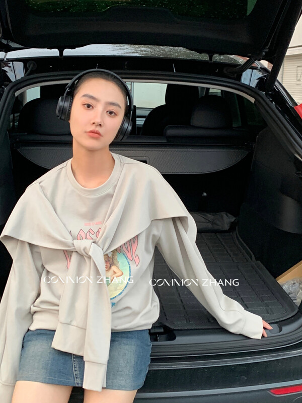 【CZ ZHANG】American high street retro print fake two-piece double-sleeved loose sweater 82241# JHY