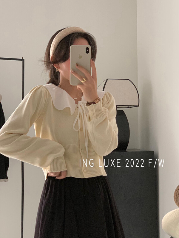 【ING】French bow trim ruffle collar stitching sweater w3931