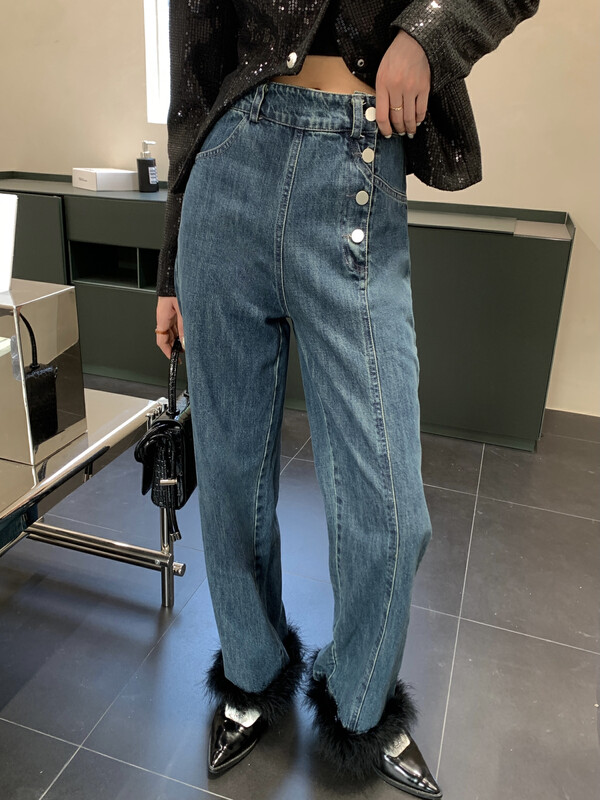 [BENYAN] lavame high waist buttoned fur jeans jeans 6525