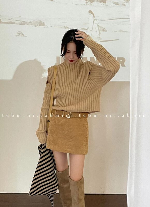 【TABMINI】Solid color pit half turtleneck off-shoulder short warm sweater Q15307-A# WPL