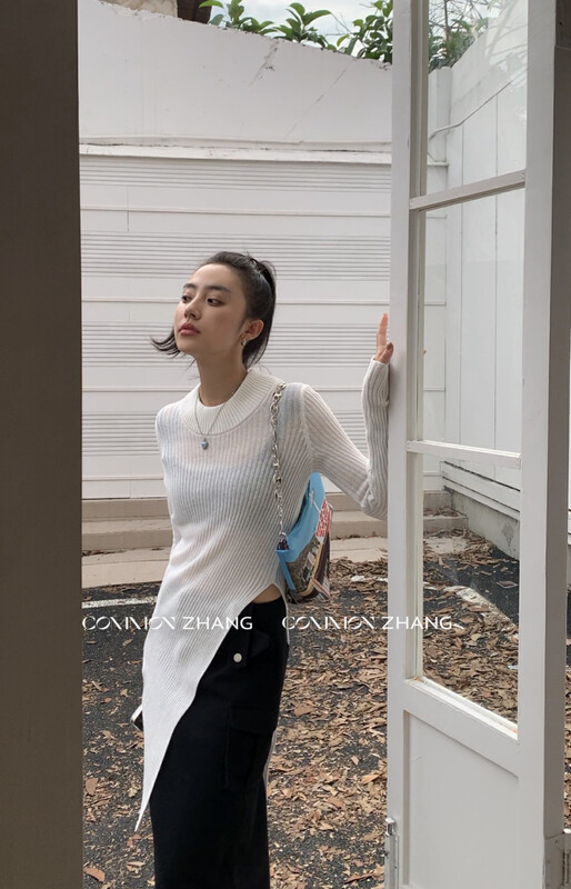 【CZ ZHANG】Solid Color Simple Atmosphere Slim Side Slit Mid-Length Knit Sweater 92035# JHY