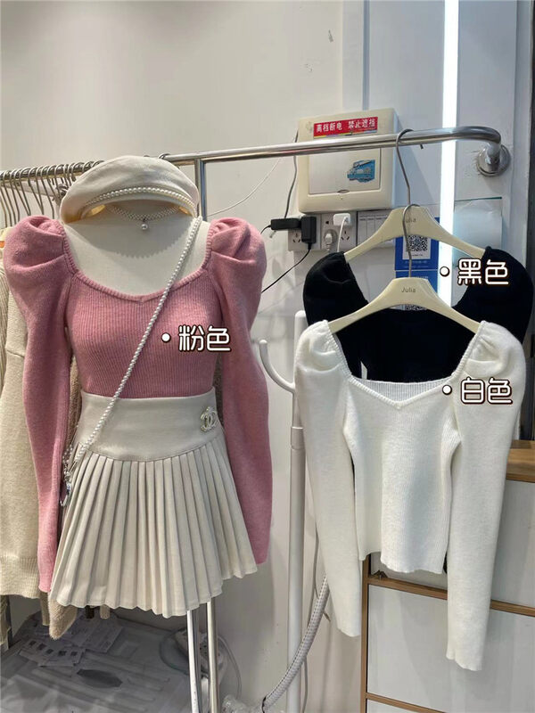 【JULIA】Pure Desire Square Neck Puff Sleeve Knit Sweater YS2-2088# PCZ