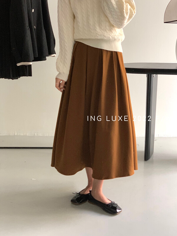 【ING】High waist pleated a-line college style skirt 8249