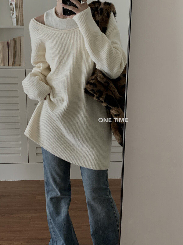 【ONE TIME】Lazy Wind Loose Off Shoulder Sweater + Vest Two Piece Set OT7051# JHY