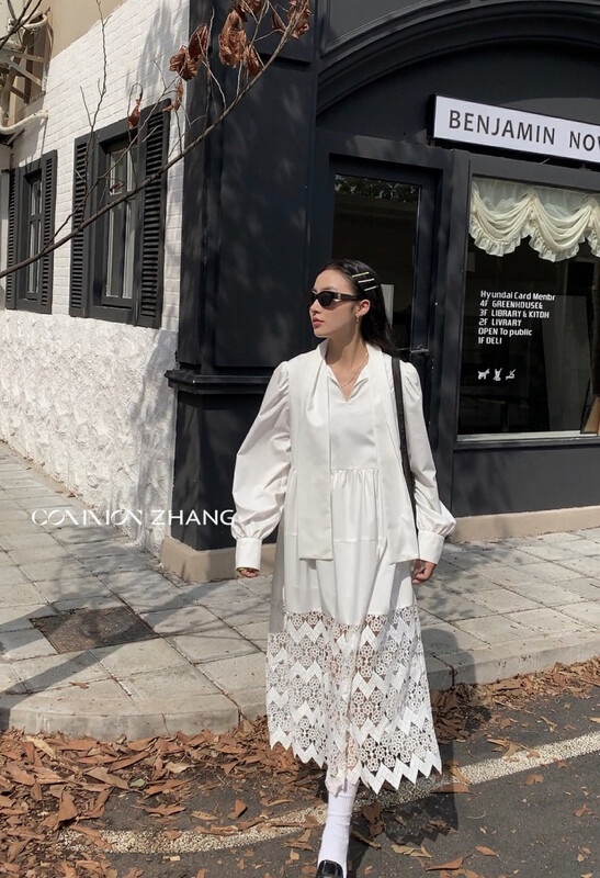 【CZ ZHANG】Design French hollow lace stitching tie long dress 82056# JHY