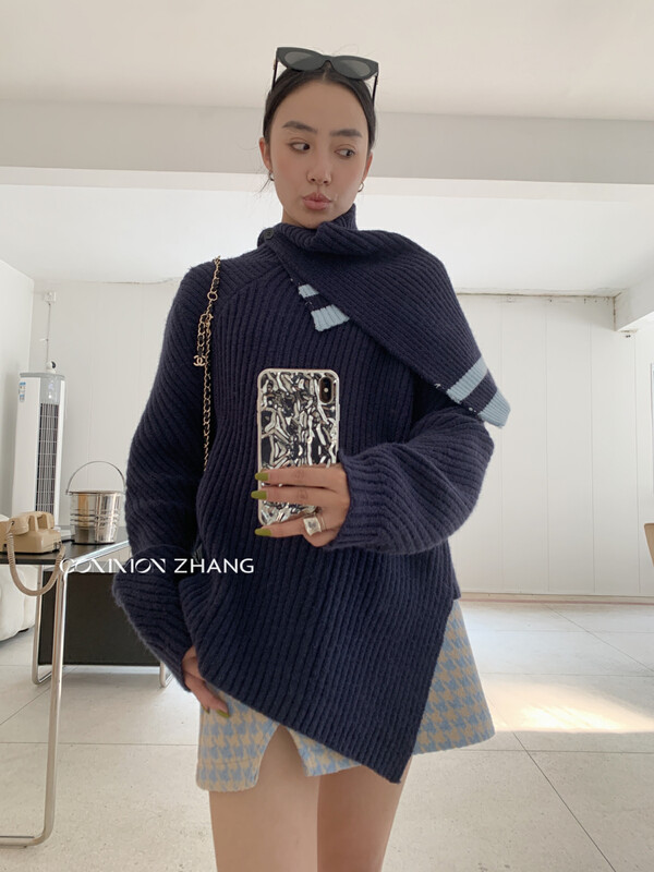 【CZ ZHANG】Fashion Big Irregular Medium Length Two-piece Sweater (with Scarf) 92050