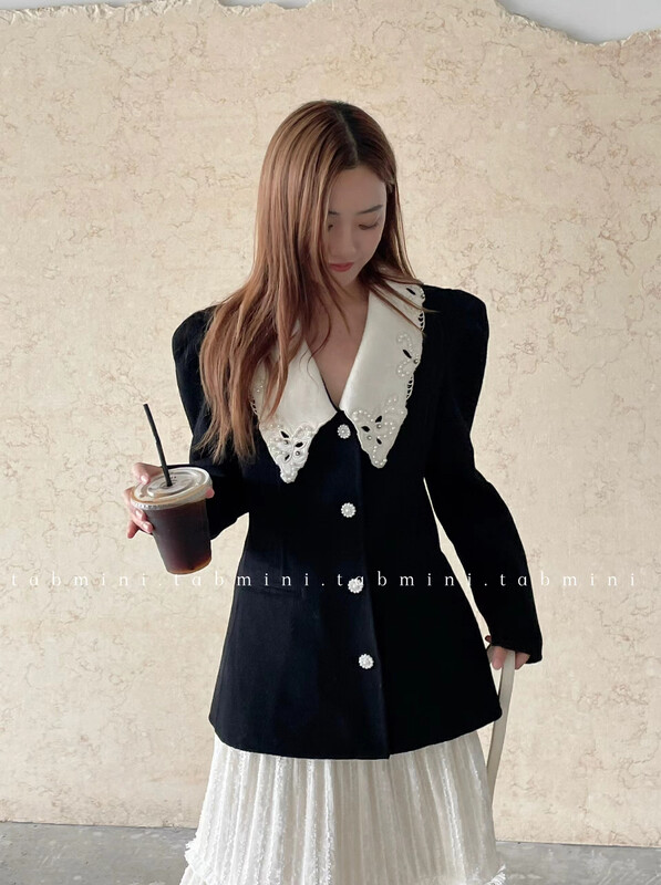 New for winter!【TABMINI】French Contrast Collar Beaded Coat (100% Wool) Q11167-A# WPL