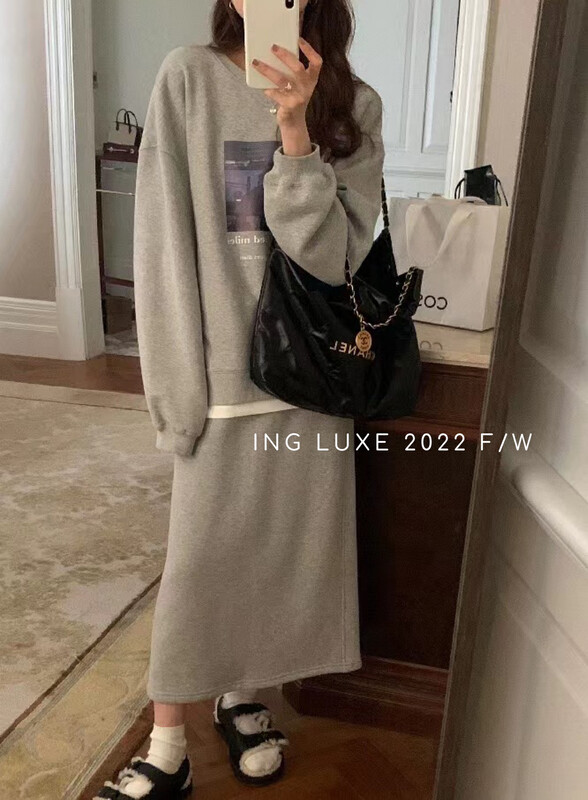 【ING】Retro casual heat transfer printing fleece sweater suit 9509