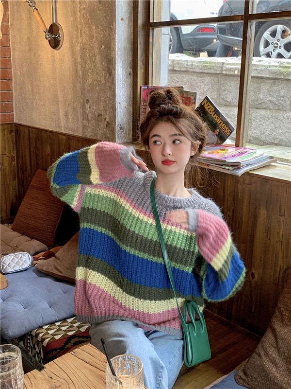 [Timely rain] Korean style ins retro sweet design rainbow striped loose warm sweater 54760# WPL