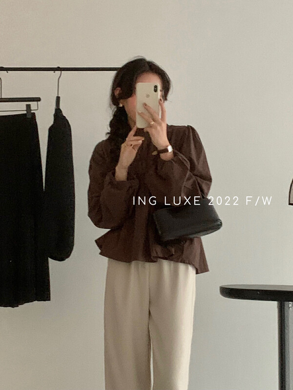【ING】Vintage stand-up collar pleated puff-sleeved shirt 8182# FHX