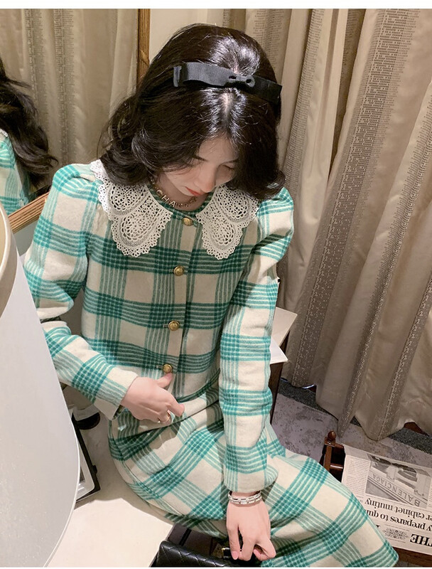 【KIKI STUDIO】Check Korean coat + high waist slim skirt suit 7052# HJY
