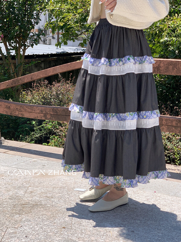 【CZ ZHANG】Sweet Cool Wind High Waist Printed Fungus Edge Splicing Cake Skirt 82299