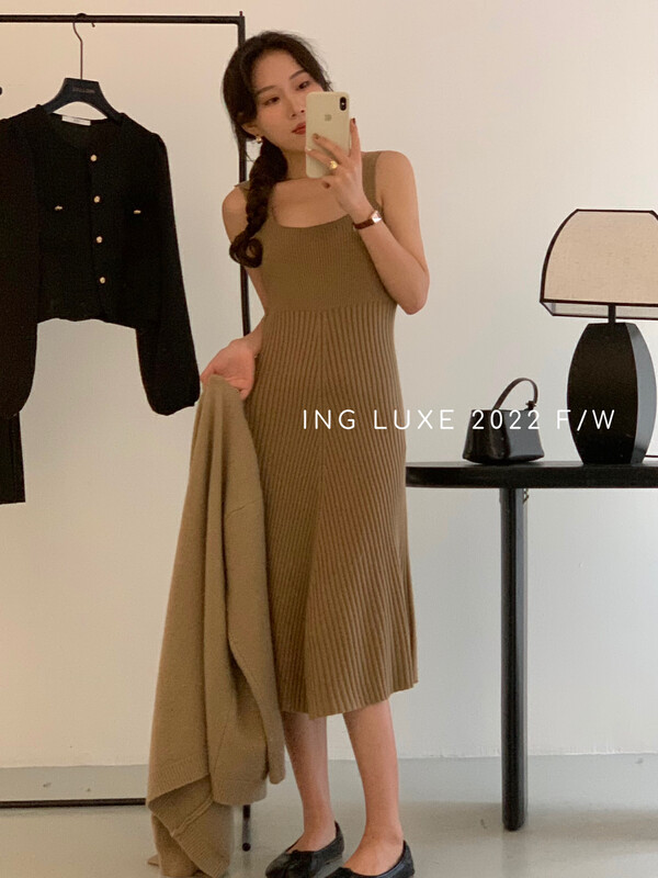 【ING】French gentle slim waist knitted vest dress w3793# FHX