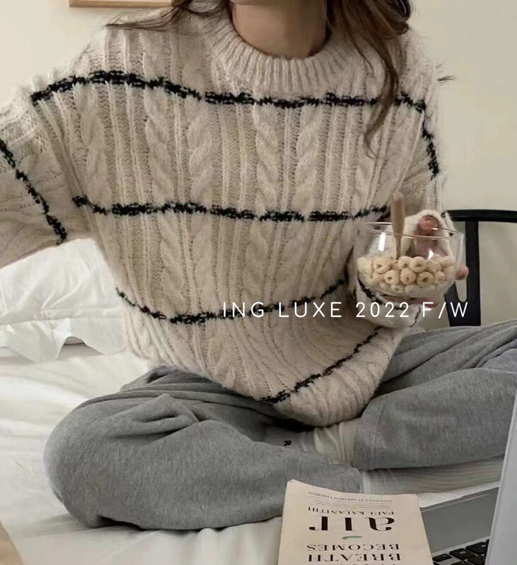 【ING】Lazy Twist Knitted Pullover Striped Sweater w3949
